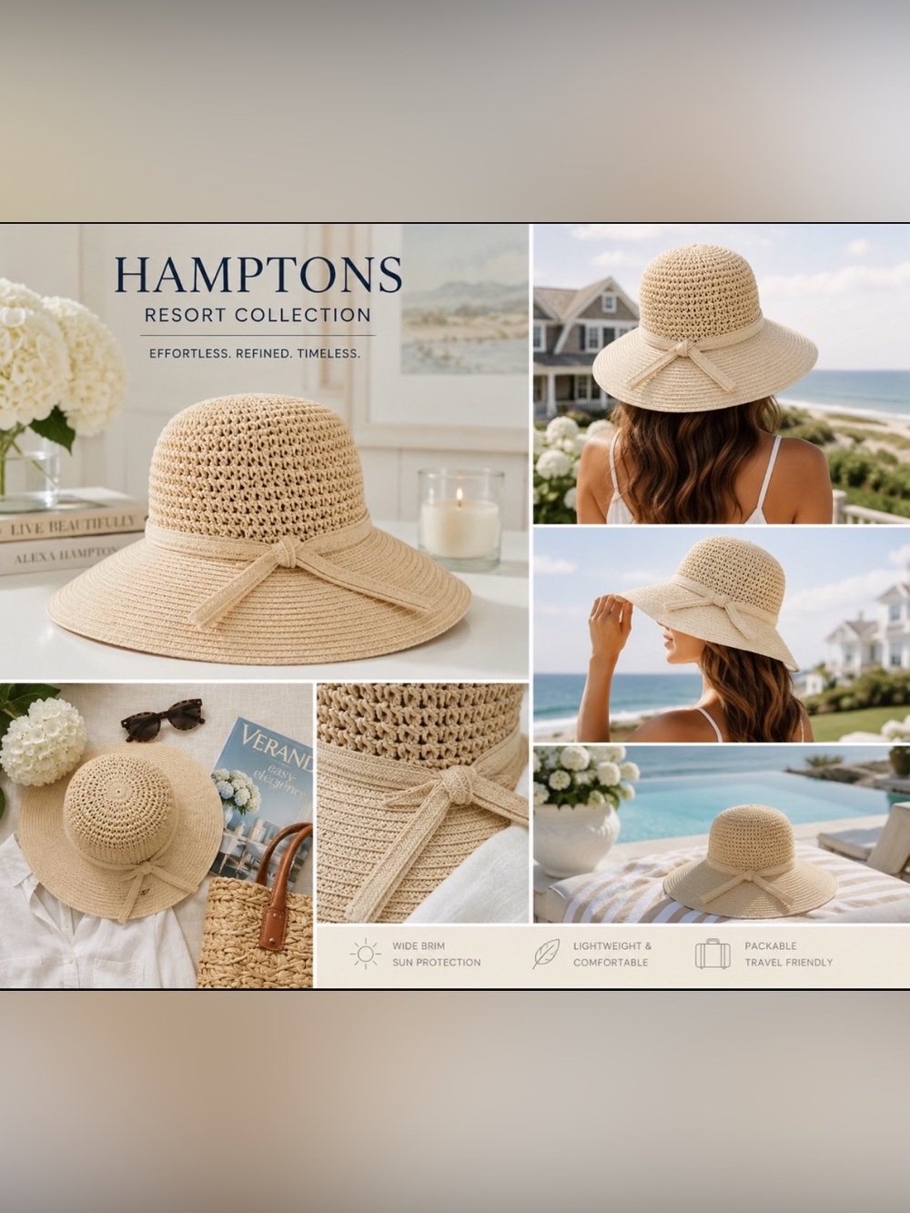 Crochet Straw Sun Hat Wide Brim Beige Packable Beach Resort Hat